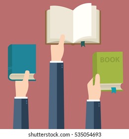 Vector set of people hands holding books. People reading books abstract concept layout. Ideal for book, reading themed banners, posters and flyers.
