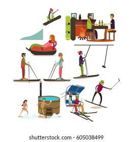 Vector set of people having a lot of fun in winter isolated on white background. Snowboarding, tubing, downhill and cross-country skiing, ski lift, japanese barrel hot tub, cafe flat style icons.