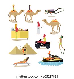 Vector set of people having rest in Egypt isolated on white background. Travelers sunbathing, scuba diving, taking selfie, riding camel, quad bike and water scooter, smorgasbord flat style icons.