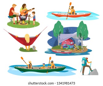 Vector set of people in hike and night camp. Family near camp fire cooking fish soup, playing guitar, child firing marshmallow, man kayaking, family kayaking, woman resting in hammock, man climbing.