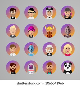 Vector set of people icons on a colour background.Funny bright vector illustrations of female and male characters
