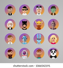 Vector set of people icons on a colour background.Funny bright vector illustrations of female and male characters
