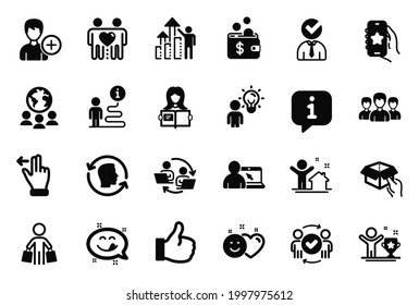 Vector Set of People icons related to Group people, Vacancy and Face id icons. Yummy smile, Woman read and Hold box signs. Friends couple, New house and Buyer. Winner cup, Global business. Vector