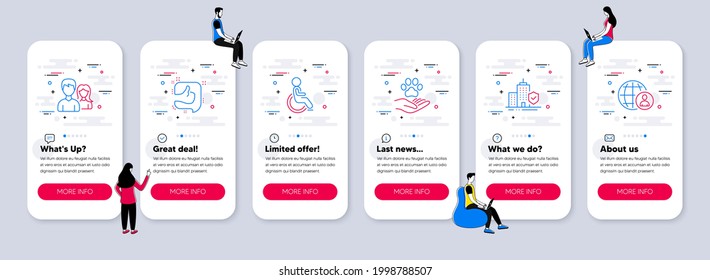 Vector Set of People icons related to Pets care, Disabled and Like icons. UI phone app screens with teamwork. Apartment insurance, Couple and International recruitment line symbols. Vector