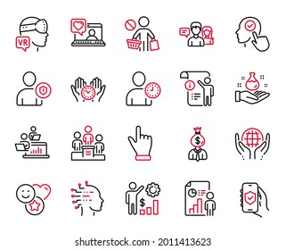 Vector Set of People icons related to Friends chat, Stop shopping and Teamwork icons. Security app, Business report and Organic tested signs. Augmented reality, Manager and Select user. Vector