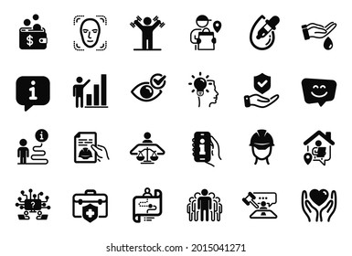 Vector Set of People icons related to Check eye, Insurance hand and Teamwork question icons. Foreman, Work home and Journey path signs. Smile face, Hold heart and Dumbbells workout. Group. Vector