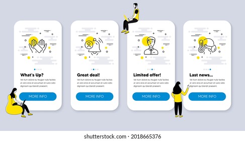 Vector Set of People icons related to User notification, Businessman person and Smartphone holding icons. UI phone app screens with people. Sick man line symbols. Vector