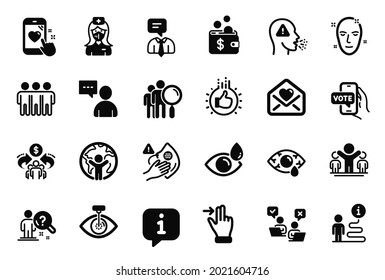 Vector Set of People icons related to Search people, Conjunctivitis eye and Cough icons. Friendship, Users chat and Winner signs. Eye drops, Dirty mask and Online voting. Heart rating. Vector