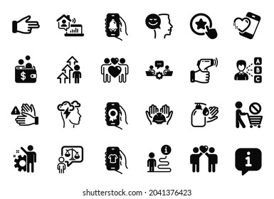 Vector Set of People icons related to Electronic thermometer, Dont touch and Builders union icons. Teamwork, Lawyer and Friends couple signs. Click hand, Heart and Work home. Loyalty star. Vector