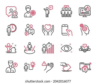 Vector Set Of People Icons Related To Valet Servant, Communication And Business Idea Icons. New House, Thoughts And Agent Signs. Health Eye, Like Video And Hold Heart. Teamwork, Support. Vector