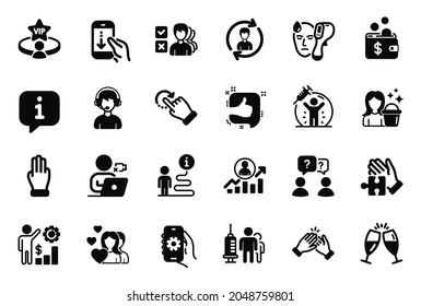 Vector Set of People icons related to Employees wealth, Like and Champagne glasses icons. Clapping hands, Career ladder and App settings signs. Vaccine protection, Scroll down and Opinion. Vector