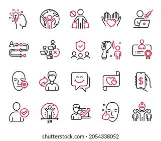 Vector Set of People icons related to Smile face, Idea and Vaccination appointment icons. Remove team, Love letter and Stop shopping signs. Global business, Electronic thermometer and Share. Vector