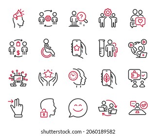 Vector Set of People icons related to Employees teamwork, Buying process and Medical analyzes icons. Time management, Brand ambassador and Touchscreen gesture signs. Ecology app, Teamwork. Vector