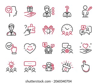 Iconos del conjunto de vectores de personas relacionados con los iconos de chat de la mano, Sonrisa y Soporte. Casilla de verificación, persona de negocios y carteles de terceros. Trabajo en equipo, rompecabezas de búsqueda y reunión. Lávese las manos. Vector