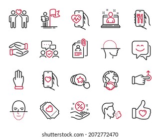 Vector Set of People icons related to Cardio training, Cough and Drag drop icons. Face scanning, Dating app and Loan percent signs. Smile face, Best manager and Three fingers. Leadership. Vector