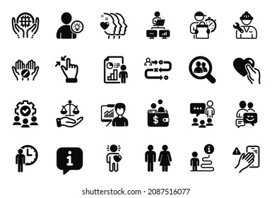 Vector Set of People icons related to Touchscreen gesture, User idea and Organic tested icons. Friend, Teamwork and Business report signs. Hold heart, Communication and Delivery man. Vector