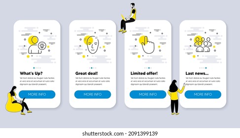 Vector Set of People icons related to Health skin, Hand click and User idea icons. UI phone app screens with people. Group line symbols. Clean face, Location pointer, Light bulb. Developers. Vector