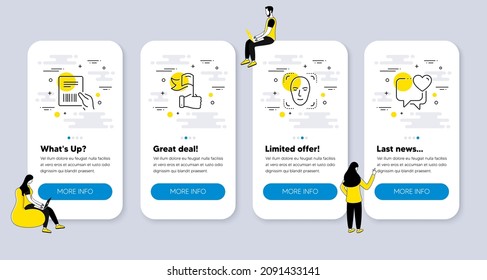 Vector Set of People icons related to Leadership, Parcel invoice and Face detection icons. UI phone app screens with people. Heart line symbols. Winner flag, Delivery document, Detect person. Vector