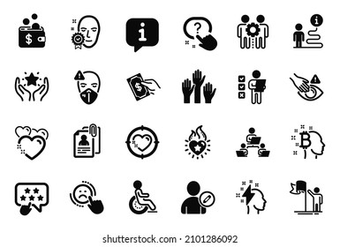Vector Set of People icons related to Employees teamwork, Ranking and Pay money icons. Disability, Face verified and Ranking star signs. Heart target, Brainstorming and Heart. Dont touch. Vector