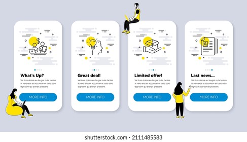 Vector Set of People icons related to Budget accounting, Hold box and Idea icons. UI phone app screens with people. Cv documents line symbols. Stock trader, Delivery parcel, Professional job. Vector