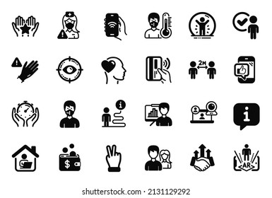 Vector Set of People icons related to Friend, Augmented reality and Verification person icons. Recovered person, Thermometer and Deal signs. Nurse, Video conference and Medical mask. Timer. Vector