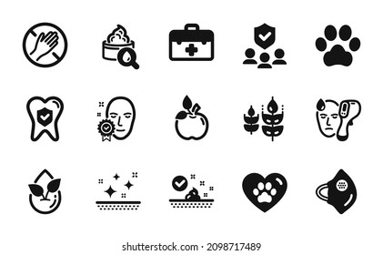 Vector set of People insurance, Face verified and First aid icons simple set. Gluten free, Pets care and Medical mask icons. Dont touch, Moisturizing cream and Dental insurance signs. Vector