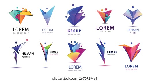 Vector set of people logos. Community, together, family signs. Health and sport, winner and business leader origami geometric colorful logotypes. Medical care, charity and success person design