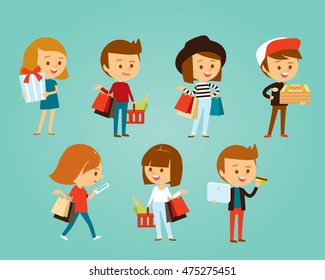 vector set of people, mall shopping, on-line shopping, healthy eating