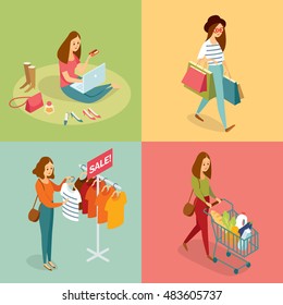 Vector set of  people in the mall shopping, flat design, sales