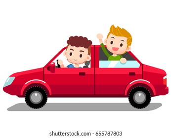 Vector set of people, man driving car with company, kid, children in back seat.