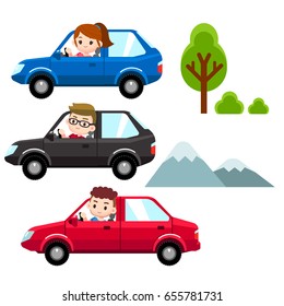 Vector set of people, man, woman driving different cars with some tree and mountain in background.