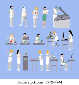 Vector set of people in medical laboratory. Doctors and scientist working in lab vector illustration. Male and female characters flat isolated icons.
 flat icons isolated on white background.