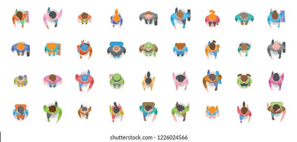 Vector set. People, men and women, children, boys and girls. Top view. A collection of different people. View from above.