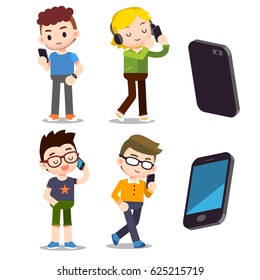 Vector Set of People with Mobile Phone isolated on White Background.