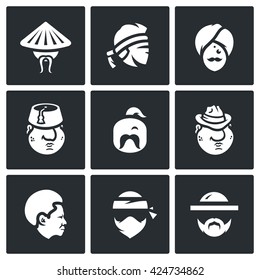 Vector Set of People Nation Icons. Chinese, Thai, Indian, Turk, Ukrainian, Italian, American, African, Jew. Human head of different nations isolated on a White Background