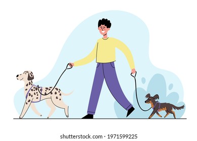 Vector set of people owner training and walking with dog