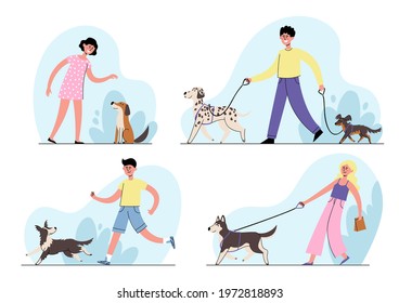 Vector set of people owner training and walking with dog