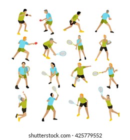 Vector set of people playing tennis, ping-pong and badminton. Professional tennis players on the tennis court. Illustration isolated on white background.