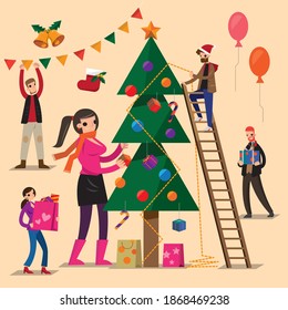 Vector set of people preparing Christmas decoration