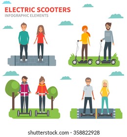 
Vector set of people riding segways, electric scooters, self balancing electric skateboards, electric monocicles. Infographic elements isolated on 
white background.
