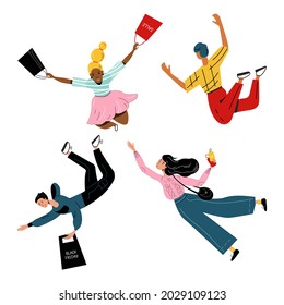 Vector set people rush shopping. Vector illustration flat people on shopping. Sale and coupons.