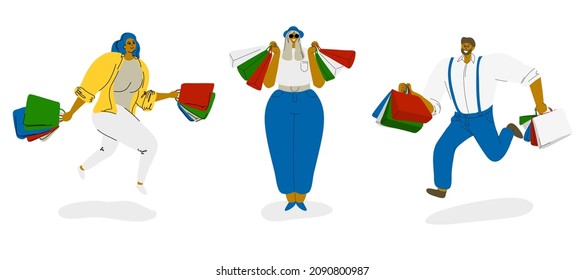Vector set of people with shopping bags. Buyers run, jump and smile. Isolated on the white background