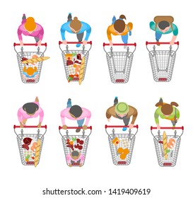 Vector set. People with shopping carts. Top view. Buyers in the store. View from above.