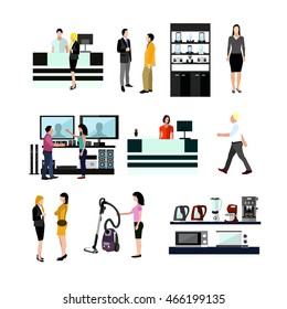 Vector set of people shopping in home electronic store. Icons and design elements isolated on white background.