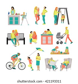 Vector set of people in situations at home and in park. Vector illustration in flat style, icons isolated on white background. Family members spending time together.