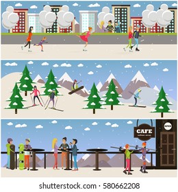 Vector set of people skating, skiing and having rest at cafe on mountain. Winter cityscape, mountain landscape and cafe on mountain peak backgrounds. Active winter people concept posters in flat style