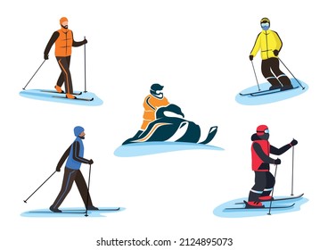 Vector Set Of People In Ski Suits Skiing And Snowmobiling. Winter Recreation And Sports. Active Lifestyle. Extreme Sports.