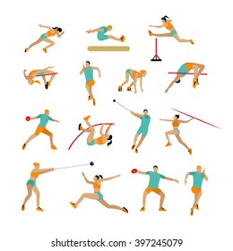 Vector set of people in sport athletic poses. Track and field athletic contest concept. Sportsman flat icons isolated on white background.