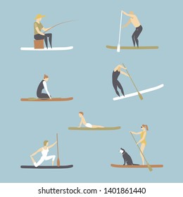 Vector set with people standing on sup boards.