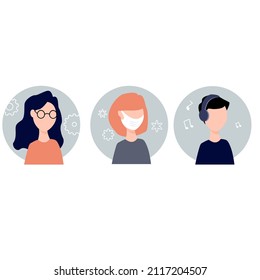 Conjunto de vectores de personas. Adecuado para negocios, estudios, redes sociales. Chica con máscara, gafas, hombre con auriculares.
